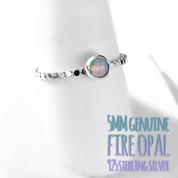 (2-13) 925 Sterling Silver 5MM Australian White Fire Opal Beaded Band Ring - Picture 2 of 15